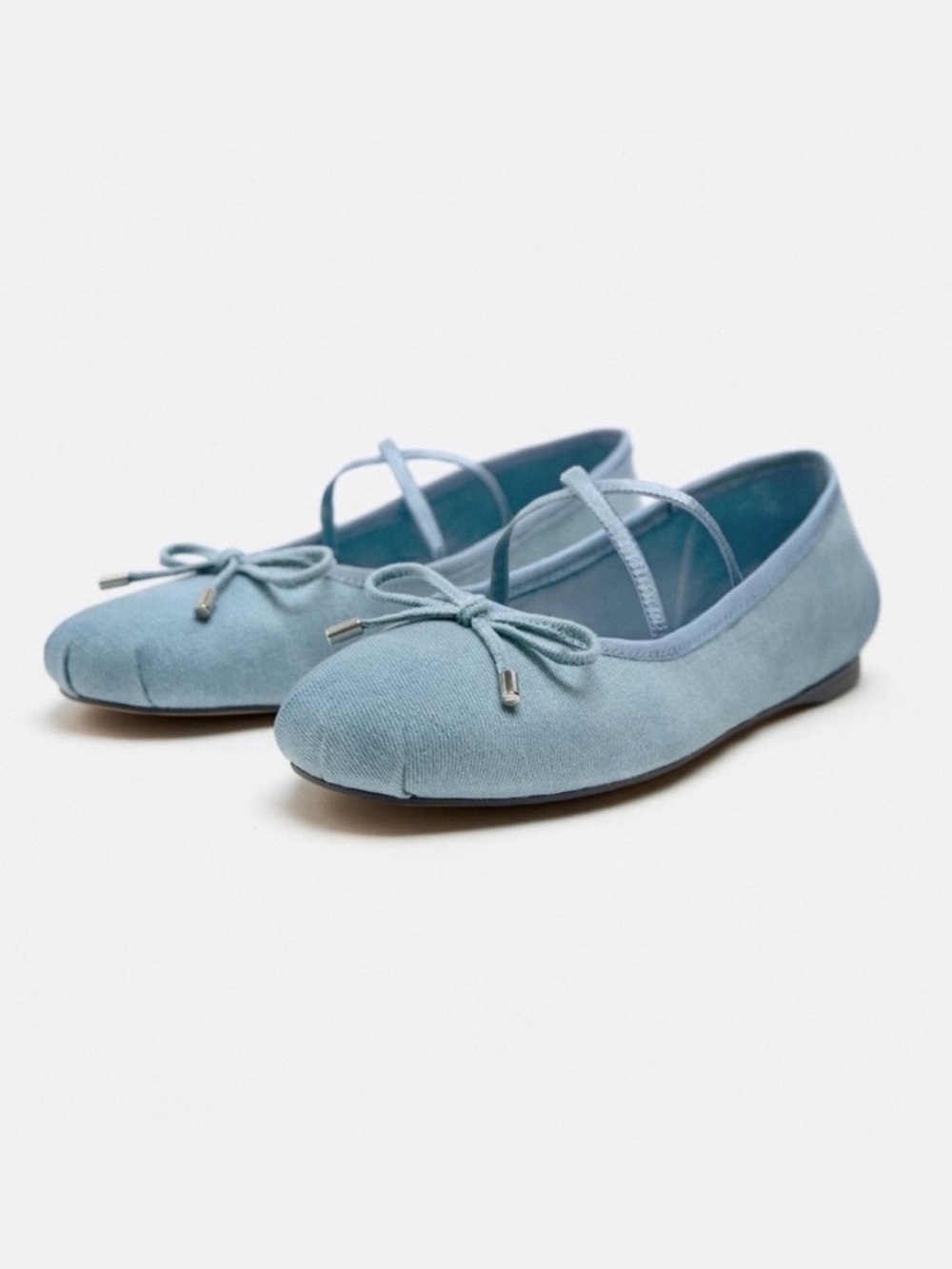 Zara Light Blue Ballet Flats with Cross-Strap and Bow.